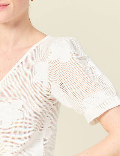 T-shirt manches courtes ajouré creme femme
