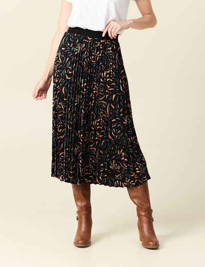 Jupe midi évasée plissée noir femme