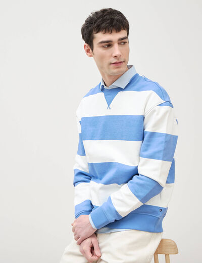 Sweat ray&eacute; col rond manches longues bleu violet homme