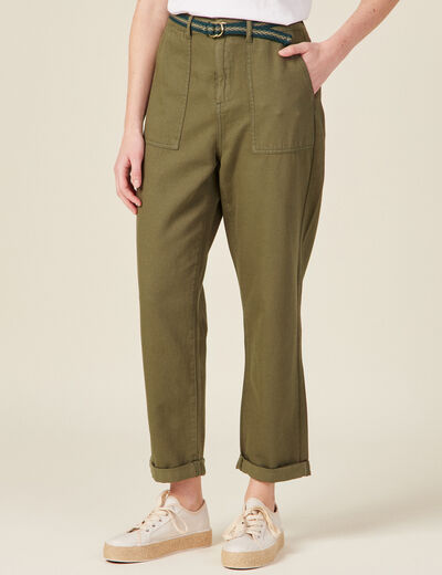 Pantalon large ceinturé vert kaki femme