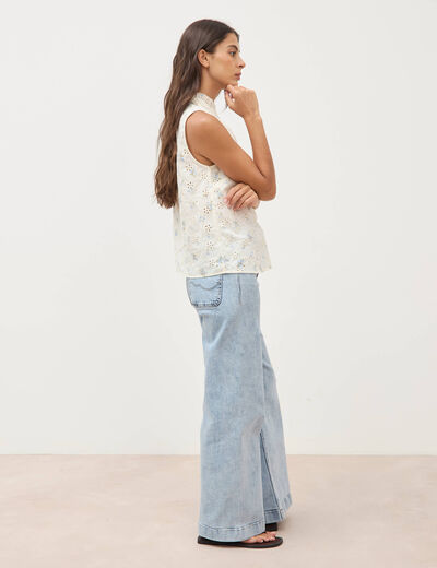 Blouse droite sans manches col montant bleu femme