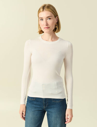 T-shirt cintr&eacute; manches longues col rond creme femme