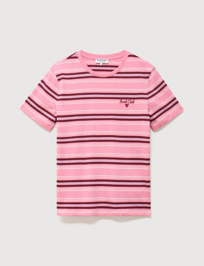 T-shirt ray&eacute; col rond manches courtes vieux rose femme