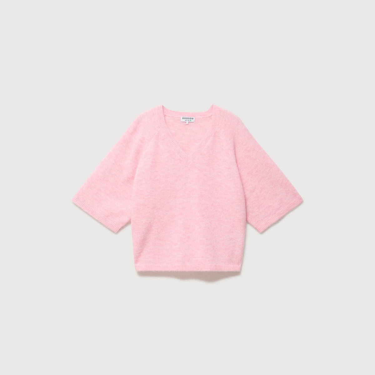 Pull droit court col v manches courtes rose clair femme