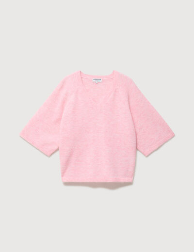 Pull droit court col v manches courtes rose clair femme