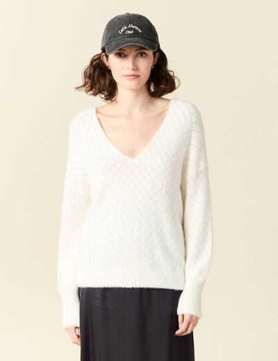Pull manches longues r&eacute;versible ecru femme