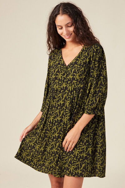 Robe évasée manches 3/4 vert kaki femme