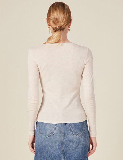 T-shirt cintr&eacute; manches longues col rond beige femme