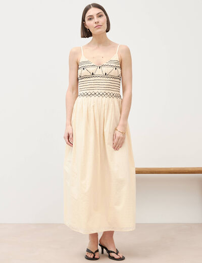 Robe col v &agrave; bretelles en coton creme femme