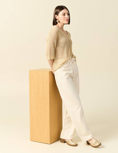 Pull manches courtes ajouré creme femme