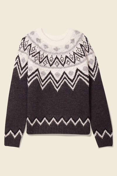 Pull manches longues col rond gris foncé femme