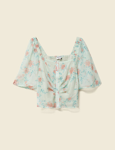 Top cintr&eacute; court voile col carr&eacute; vert pastel femme