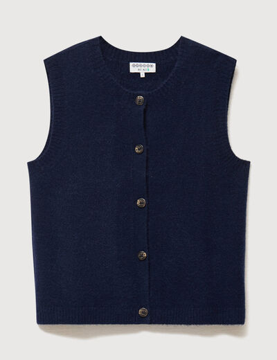 Pull droit court sans manches col rond bleu marine femme