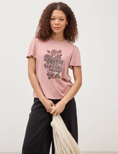 T-shirt droit col rond manches courtes vieux rose femme