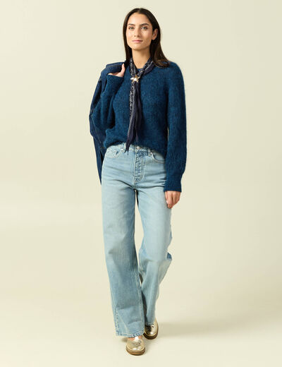 Pull manches longues col rond bleu canard femme