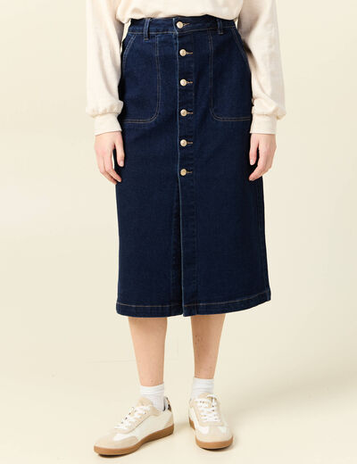 Jupe midi droite en jean denim brut femme