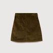 Jupe droite courte en velours vert olive femme