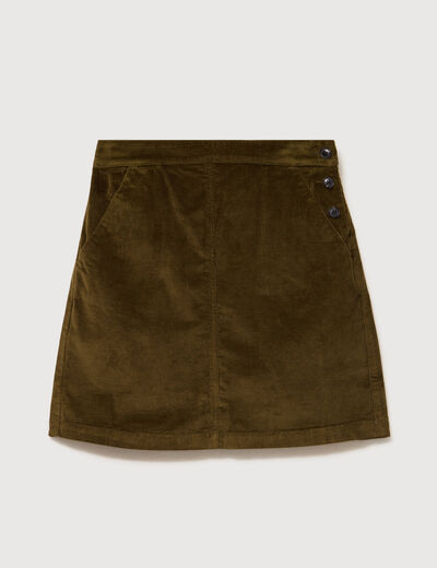 Jupe droite courte en velours vert olive femme