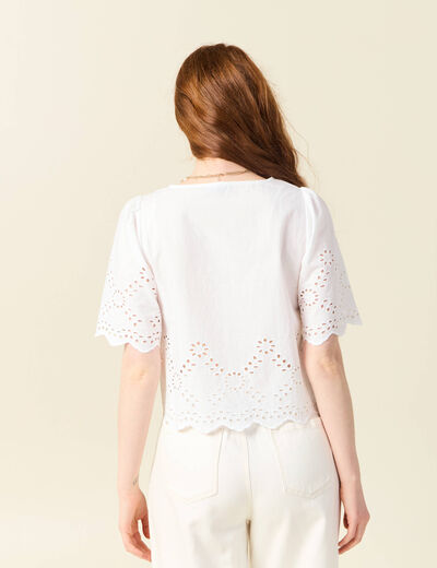 Blouse manches courtes brodée ecru femme
