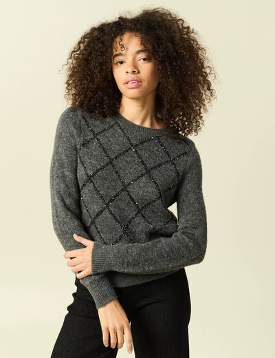 Pull manches longues &agrave; sequins gris fonc&eacute; femme