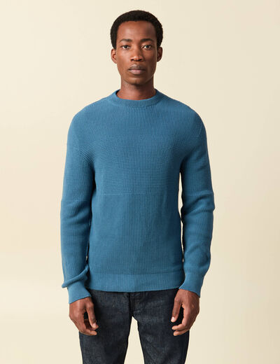 Pull col rond manches longues en coton bleu gris homme