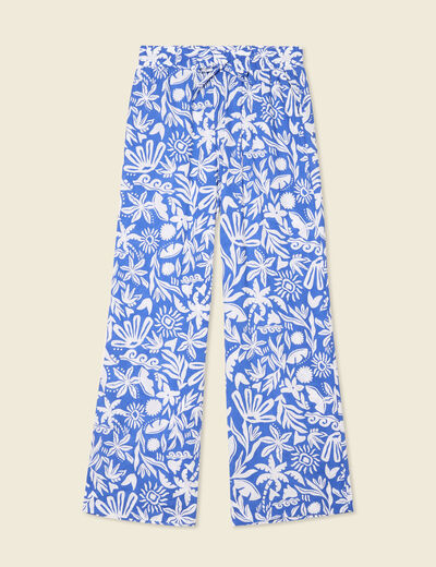 Pantalon large taille haute bleu femme