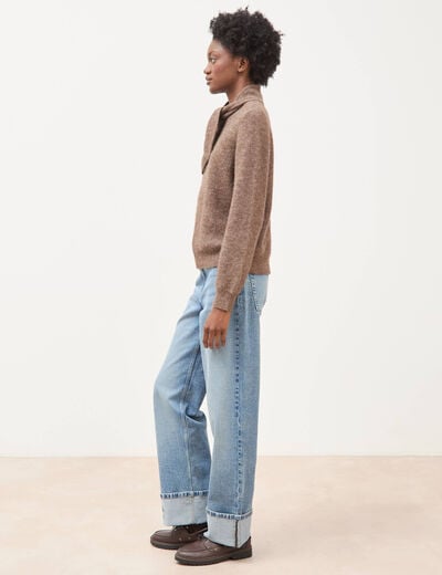 Pull droit col montant manches longues marron femme