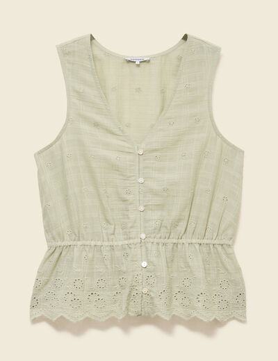 Top col v sans manches en coton vert kaki femme