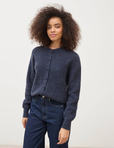 Gilet manches longues col rond bleu fonc&eacute; femme