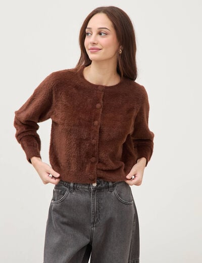 Gilet droit manches longues col rond marron femme