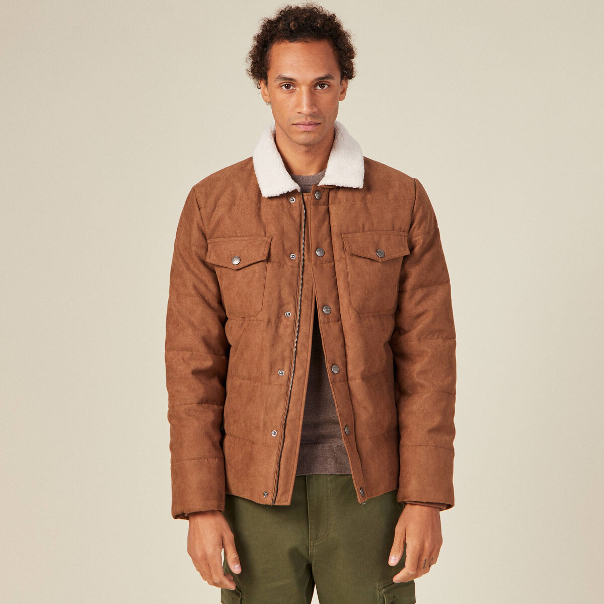 Doudoune suédine droite marron homme