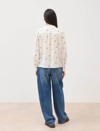 Chemise manches longues en coton brod&eacute;e blanc femme