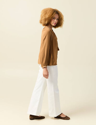 Chemise manches longues col tunisien marron clair femme