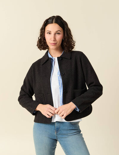 Cardigan droit court col classique gris fonc&eacute; femme
