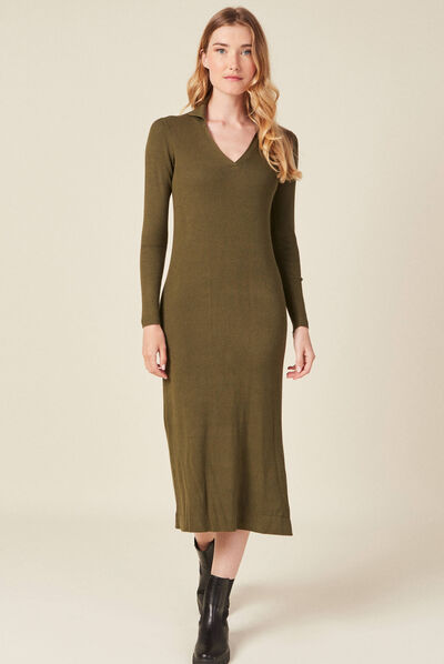 Robe pull longue moulante vert kaki femme