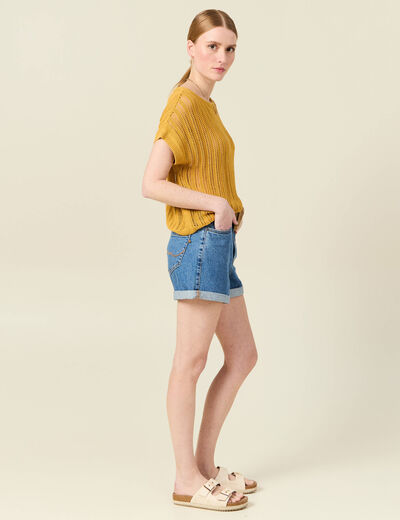 Pull oversize ajour&eacute; col bateau jaune femme