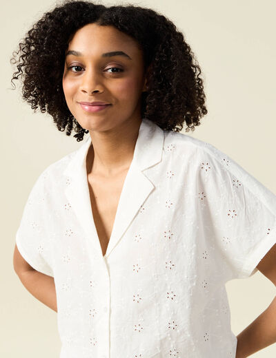 Chemise manches courtes brodée ecru femme