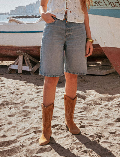 Bermuda large en jean denim used femme