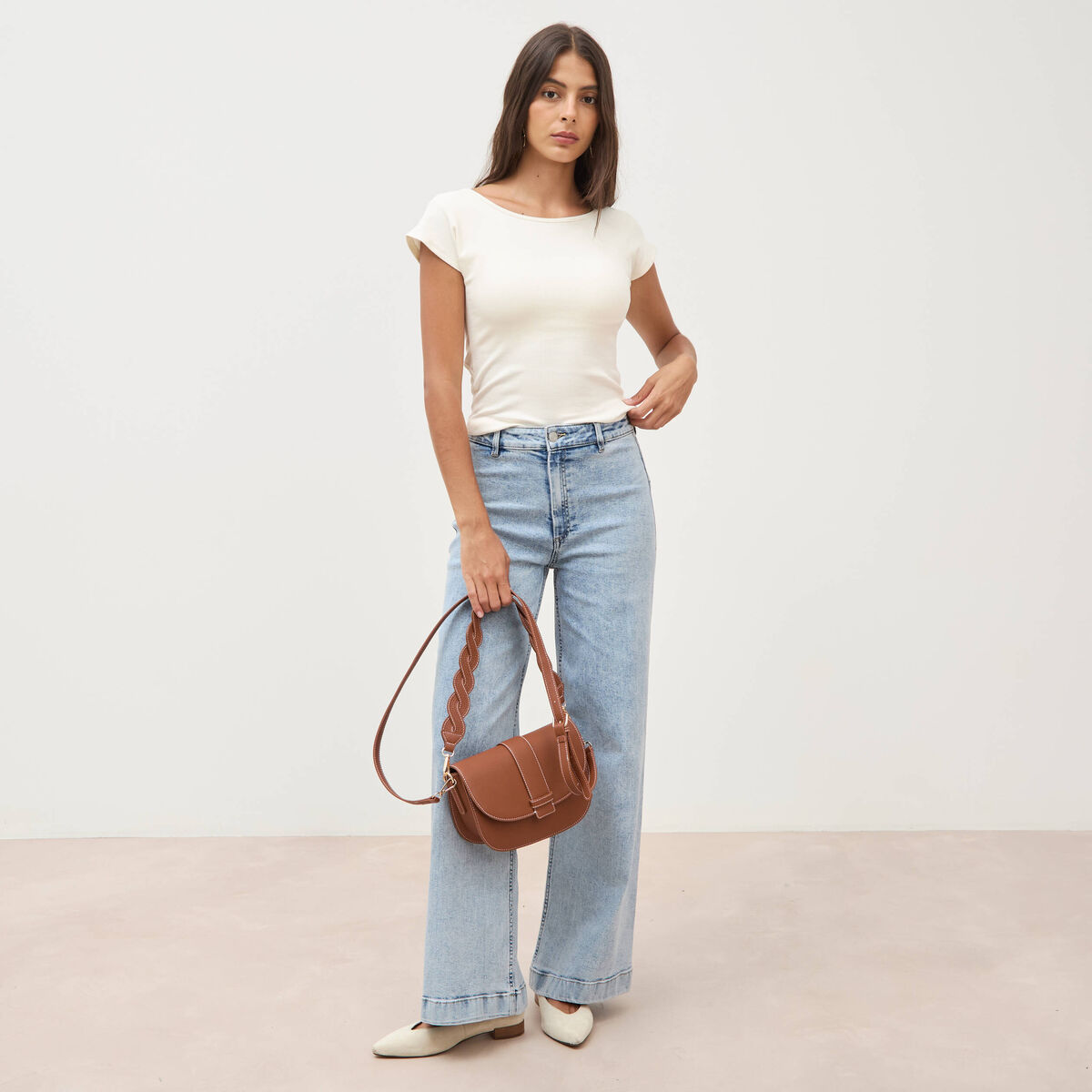 Jeans large taille haute denim bleach femme