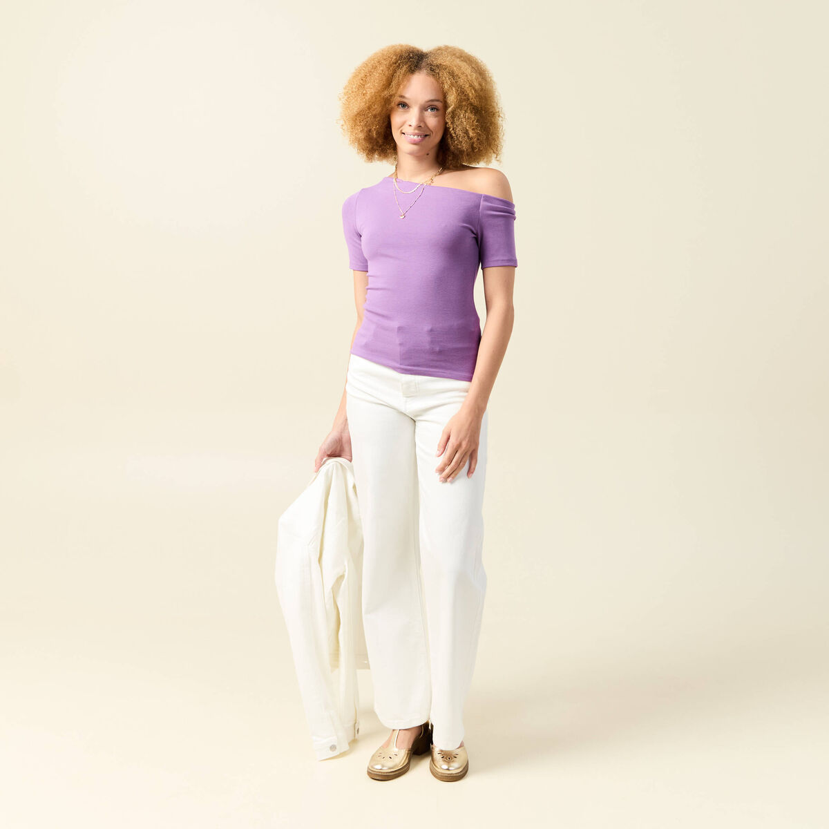 T-shirt asymétrique manches courtes violet femme