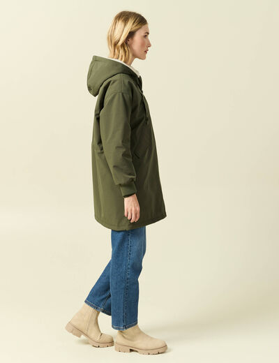 Parka oversize mi-longue &agrave; capuche vert kaki femme