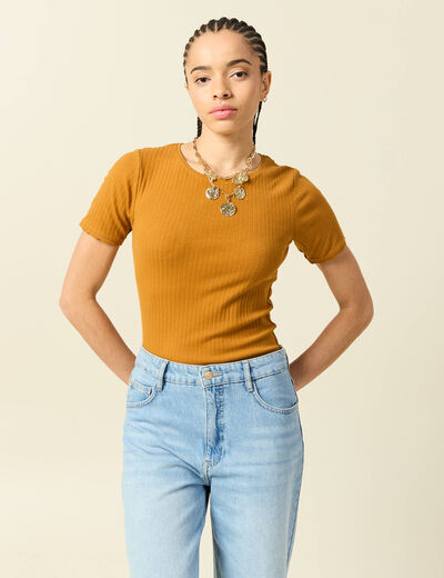 T-shirt manches courtes c&ocirc;tel&eacute; camel femme