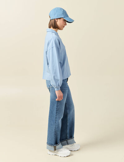 Sweat manches longues col polo bleu clair femme