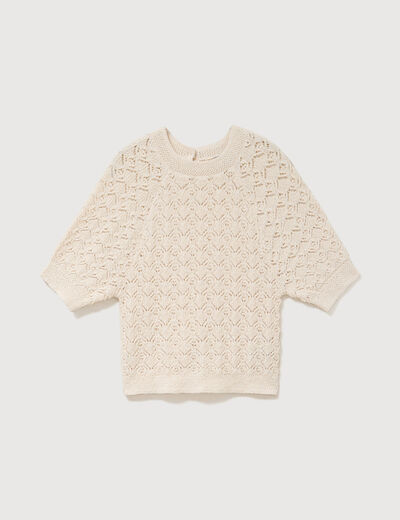 Pull droit court ajour&eacute; manches courtes camel femme