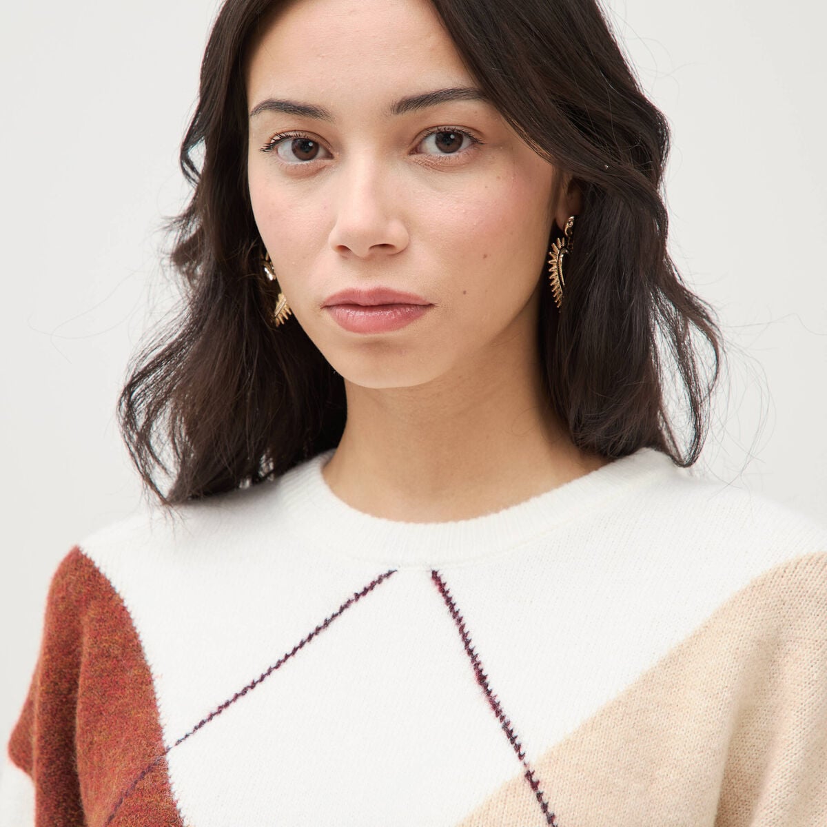 Pull col rond manches longues ecru femme