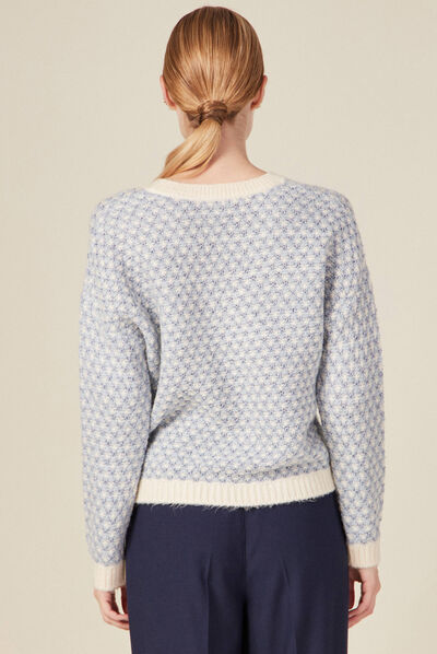 Pull manches longues col en V bleu gris femme
