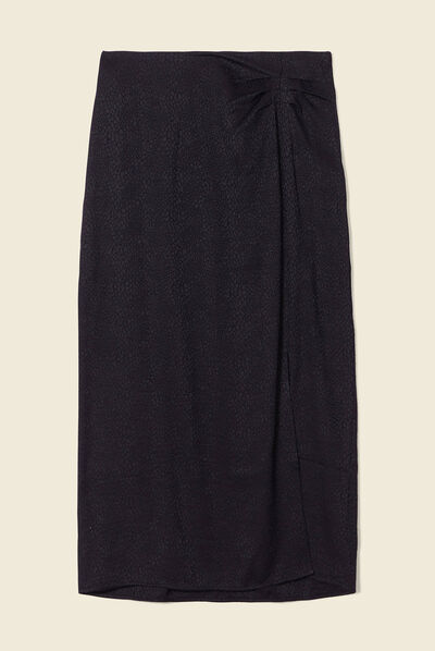 Jupe midi droite fendue satin noir femme