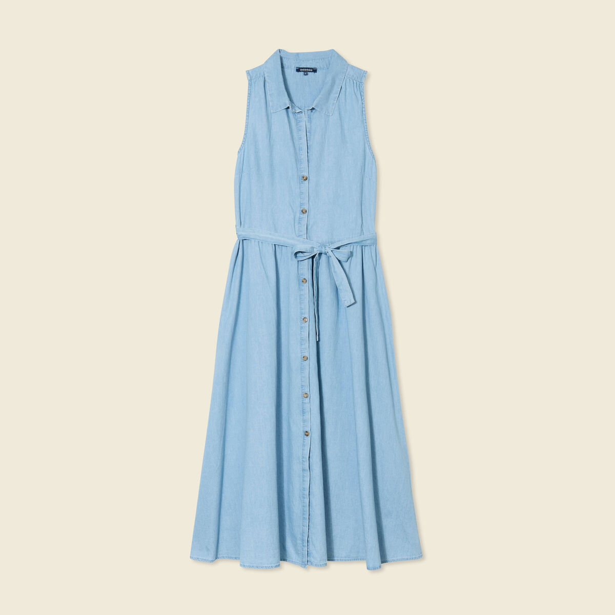 Robe longue trap&egrave;ze jean denim bleach femme