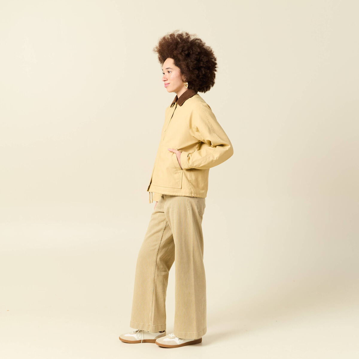Veste oversize mi-longue en coton beige femme