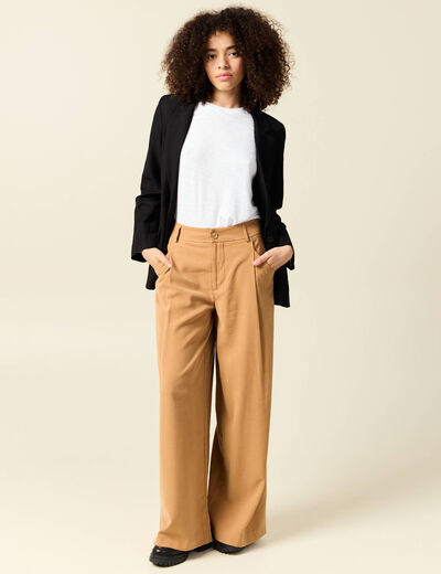 Pantalon large taille haute marron clair femme